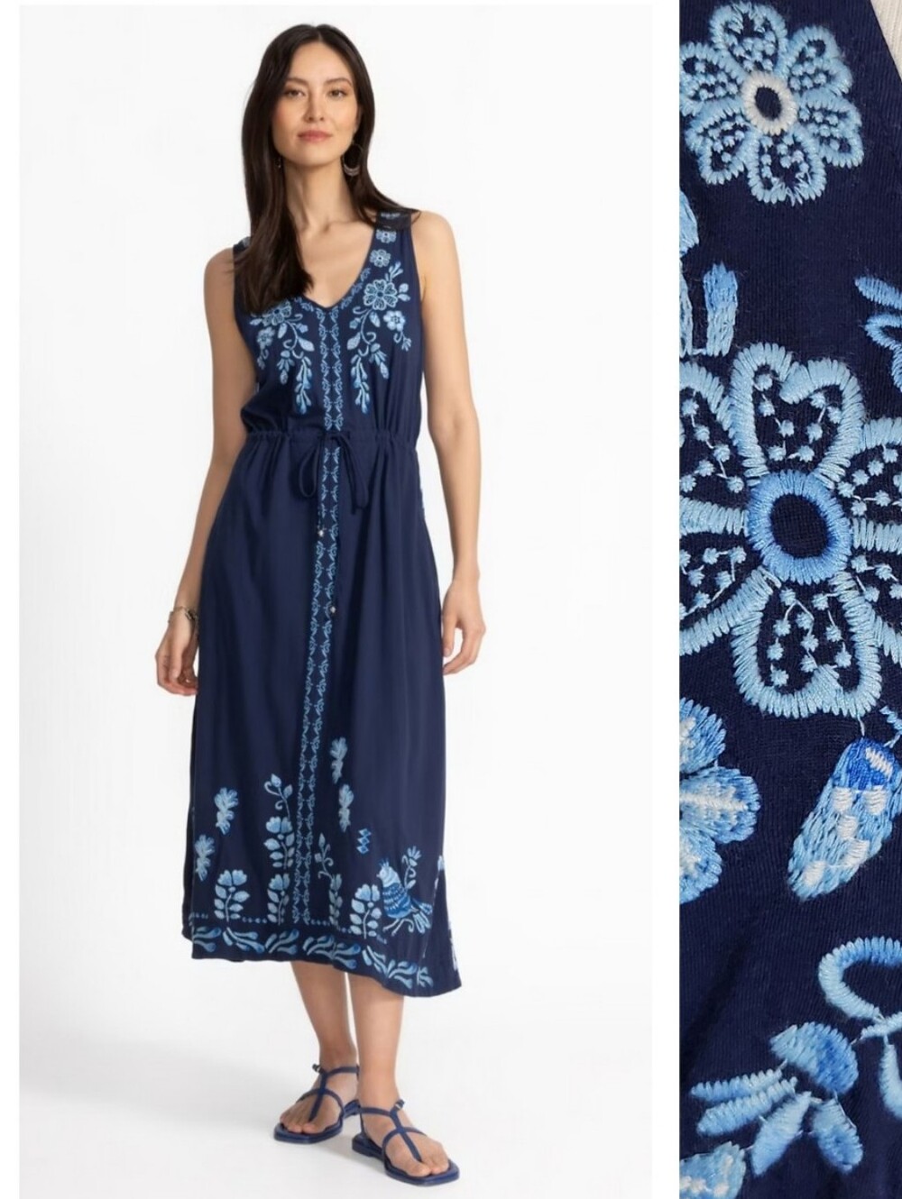 Johnny Was Navy Blue Embroidered Drawstring Knit V Neck Dress Size Small